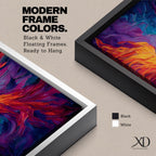 A tall vertical painting depicts a vibrant phoenix with wings fully extended, rendered in bold flowing strokes of fiery orange, red, and gold blending into deep purples and blues, its elongated tail cascading downward in fluid motion, creating a dynamic abstract firebird rising with intense color contrast and expressive texture.