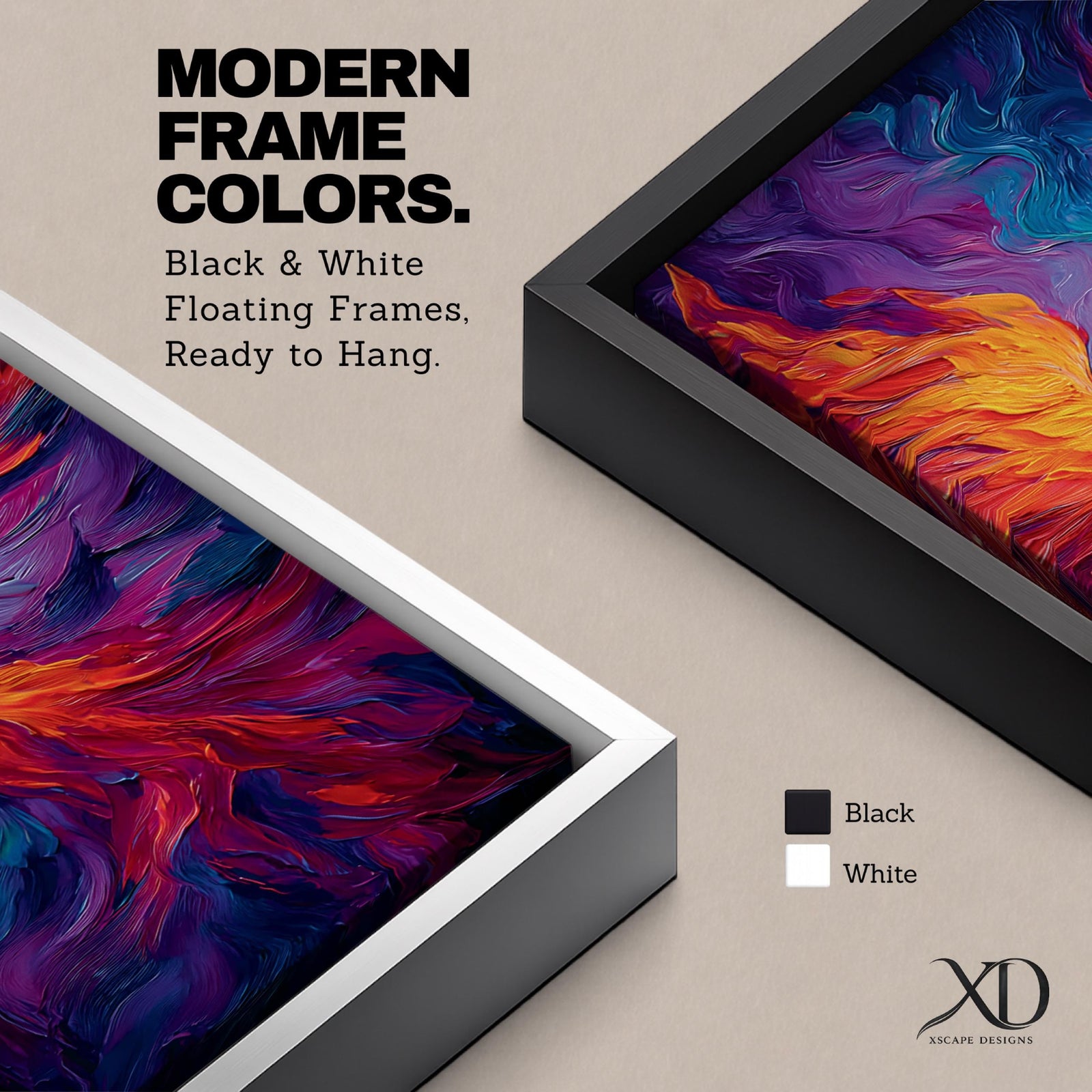 A tall vertical painting depicts a vibrant phoenix with wings fully extended, rendered in bold flowing strokes of fiery orange, red, and gold blending into deep purples and blues, its elongated tail cascading downward in fluid motion, creating a dynamic abstract firebird rising with intense color contrast and expressive texture.