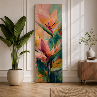 A tall vertical painting features bird of paradise flowers with elongated pointed petals in soft pink, peach, and coral tones, accented by bold green leaves and expressive layered brushstrokes, set against a blended background of pastel teal, warm yellow, and soft pink, creating a modern botanical composition with fluid movement and painterly texture.