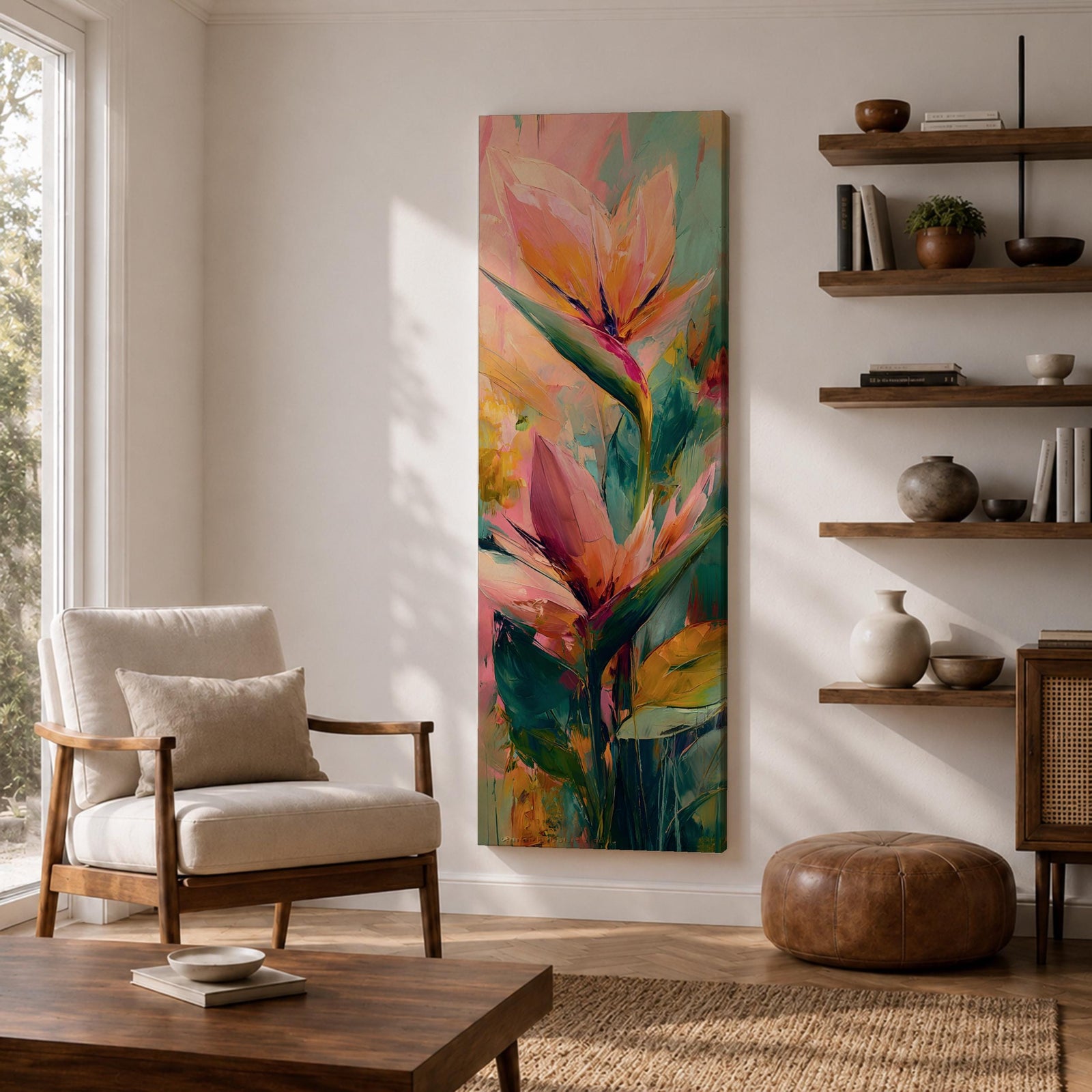 A tall vertical painting features bird of paradise flowers with elongated pointed petals in soft pink, peach, and coral tones, accented by bold green leaves and expressive layered brushstrokes, set against a blended background of pastel teal, warm yellow, and soft pink, creating a modern botanical composition with fluid movement and painterly texture.