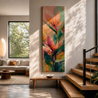 A tall vertical painting features bird of paradise flowers with elongated pointed petals in soft pink, peach, and coral tones, accented by bold green leaves and expressive layered brushstrokes, set against a blended background of pastel teal, warm yellow, and soft pink, creating a modern botanical composition with fluid movement and painterly texture.