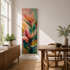 A tall vertical painting features bird of paradise flowers with elongated pointed petals in soft pink, peach, and coral tones, accented by bold green leaves and expressive layered brushstrokes, set against a blended background of pastel teal, warm yellow, and soft pink, creating a modern botanical composition with fluid movement and painterly texture.