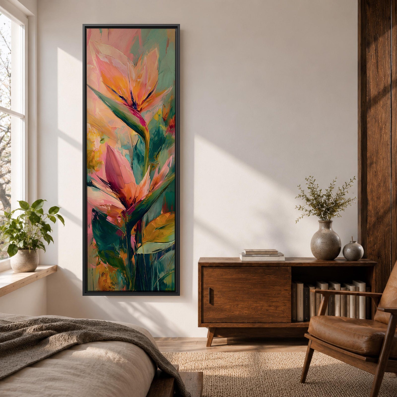 A tall vertical painting features bird of paradise flowers with elongated pointed petals in soft pink, peach, and coral tones, accented by bold green leaves and expressive layered brushstrokes, set against a blended background of pastel teal, warm yellow, and soft pink, creating a modern botanical composition with fluid movement and painterly texture.