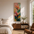 A tall vertical painting features bird of paradise flowers with elongated pointed petals in soft pink, peach, and coral tones, accented by bold green leaves and expressive layered brushstrokes, set against a blended background of pastel teal, warm yellow, and soft pink, creating a modern botanical composition with fluid movement and painterly texture.