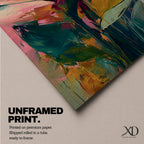 A tall vertical painting features bird of paradise flowers with elongated pointed petals in soft pink, peach, and coral tones, accented by bold green leaves and expressive layered brushstrokes, set against a blended background of pastel teal, warm yellow, and soft pink, creating a modern botanical composition with fluid movement and painterly texture.