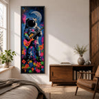 A tall vertical artwork shows an astronaut in a detailed space suit playing an electric guitar, set against a vivid cosmic backdrop with a glowing moon, deep blue sky, and splashes of neon pink, green, and orange paint, while bright flowers bloom at the base, blending surreal space imagery with street art style and bold expressive color.
