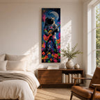 A tall vertical artwork shows an astronaut in a detailed space suit playing an electric guitar, set against a vivid cosmic backdrop with a glowing moon, deep blue sky, and splashes of neon pink, green, and orange paint, while bright flowers bloom at the base, blending surreal space imagery with street art style and bold expressive color.