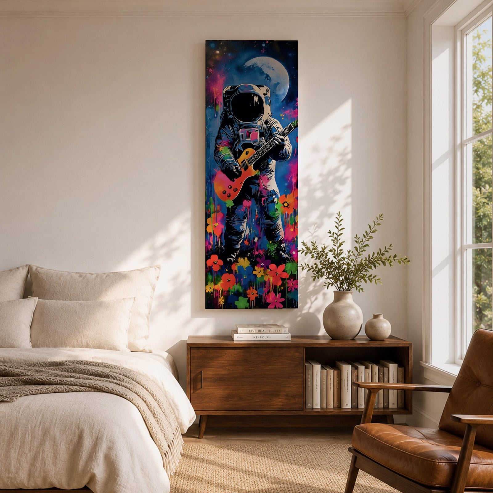 A tall vertical artwork shows an astronaut in a detailed space suit playing an electric guitar, set against a vivid cosmic backdrop with a glowing moon, deep blue sky, and splashes of neon pink, green, and orange paint, while bright flowers bloom at the base, blending surreal space imagery with street art style and bold expressive color.