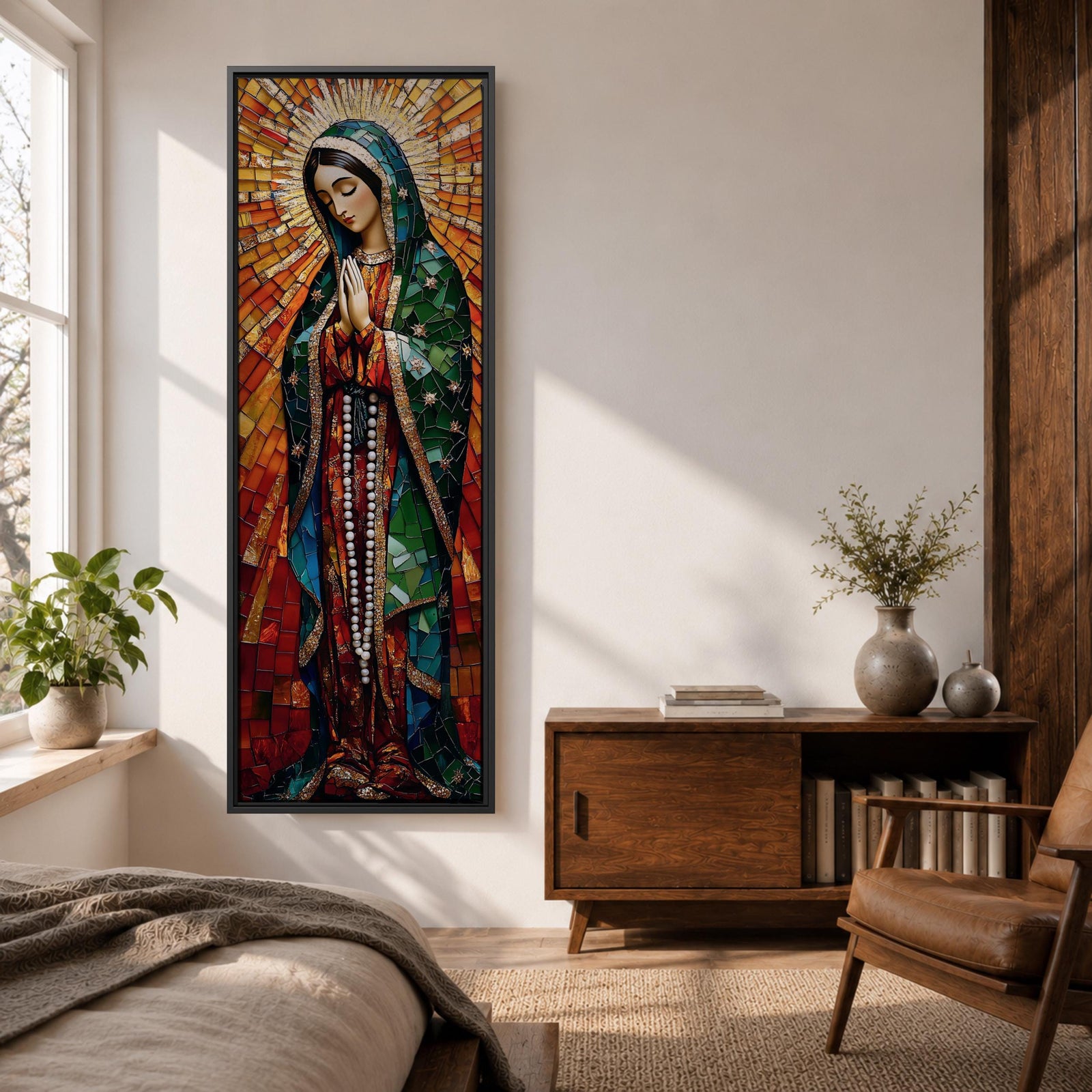 Long vertical stained glass style depiction of Our Lady of Guadalupe with hands clasped in prayer. She wears a green mantle decorated with stars and a red robe while radiant golden rays form a halo behind her, composed of colorful mosaic glass pieces forming a luminous devotional image.
