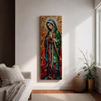 Long vertical stained glass style depiction of Our Lady of Guadalupe with hands clasped in prayer. She wears a green mantle decorated with stars and a red robe while radiant golden rays form a halo behind her, composed of colorful mosaic glass pieces forming a luminous devotional image.