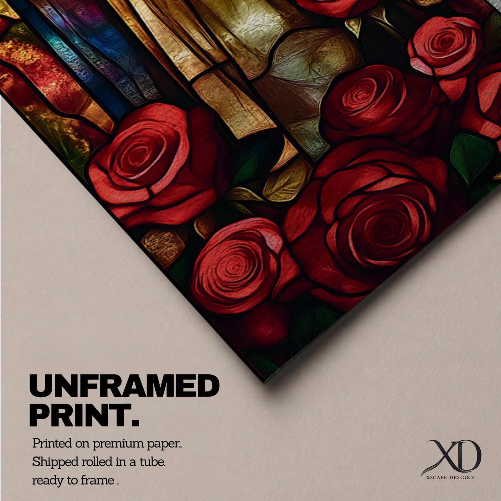 Long vertical stained glass style depiction of the Virgin Mary with hands clasped in prayer. She wears a blue mantle and cream robe while a circular halo glows behind her head and red roses bloom at her feet, all formed with colorful glass segments in a luminous devotional composition.