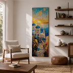 Vertical impressionist painting of Santorini at sunset featuring white Cycladic church buildings with blue domes overlooking the Aegean Sea. A narrow stone pathway leads toward the chapel while warm golden light fills the sky with textured brushstrokes of orange, yellow, and blue reflecting across the water and coastal hillside architecture.