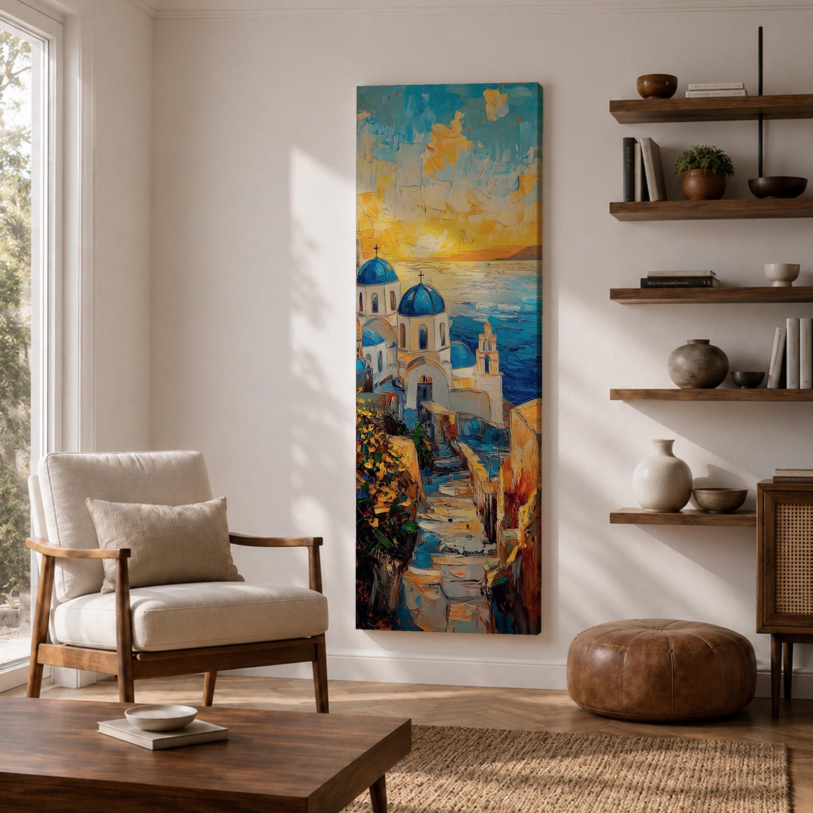 Vertical impressionist painting of Santorini at sunset featuring white Cycladic church buildings with blue domes overlooking the Aegean Sea. A narrow stone pathway leads toward the chapel while warm golden light fills the sky with textured brushstrokes of orange, yellow, and blue reflecting across the water and coastal hillside architecture.