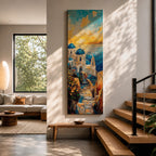 Vertical impressionist painting of Santorini at sunset featuring white Cycladic church buildings with blue domes overlooking the Aegean Sea. A narrow stone pathway leads toward the chapel while warm golden light fills the sky with textured brushstrokes of orange, yellow, and blue reflecting across the water and coastal hillside architecture.
