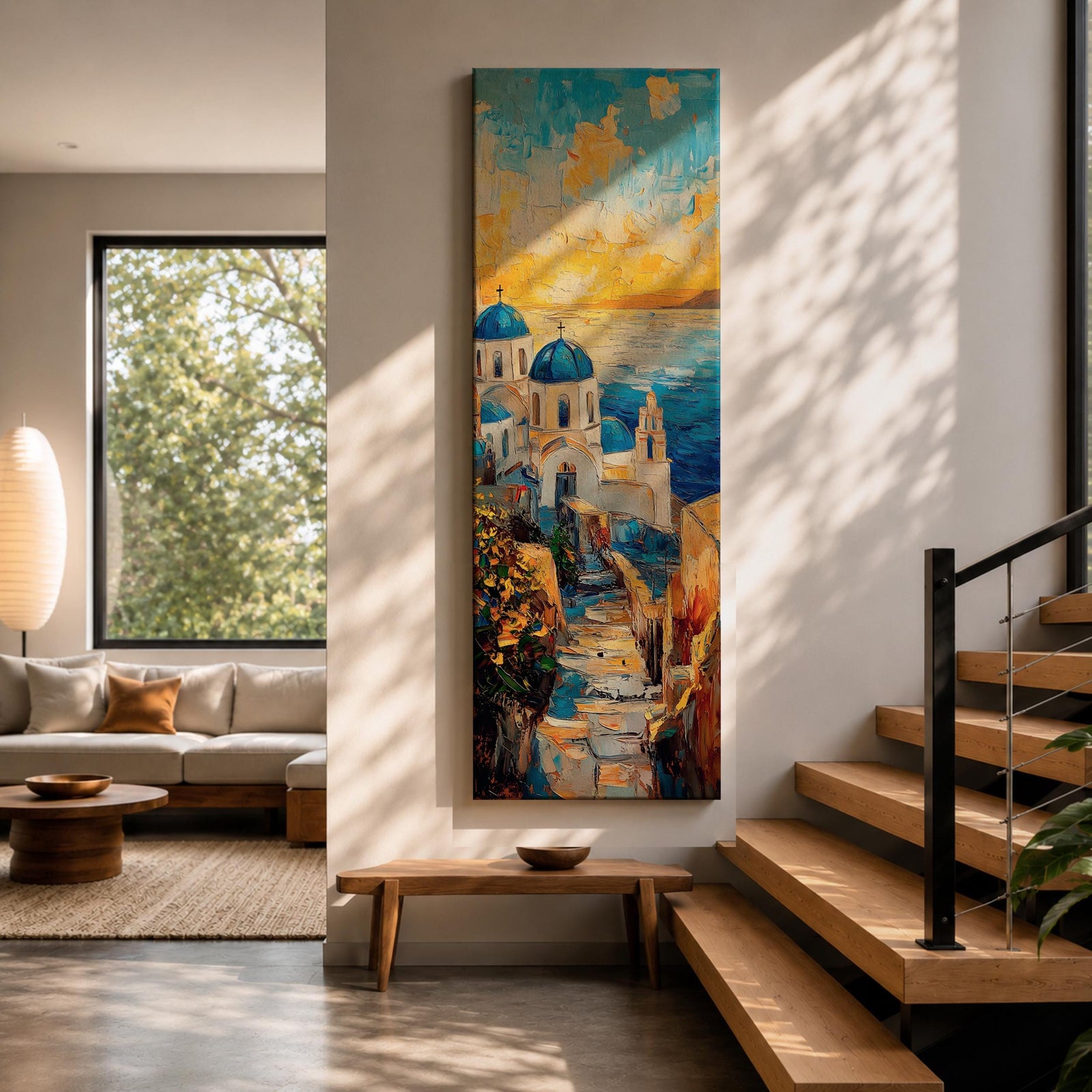 Vertical impressionist painting of Santorini at sunset featuring white Cycladic church buildings with blue domes overlooking the Aegean Sea. A narrow stone pathway leads toward the chapel while warm golden light fills the sky with textured brushstrokes of orange, yellow, and blue reflecting across the water and coastal hillside architecture.