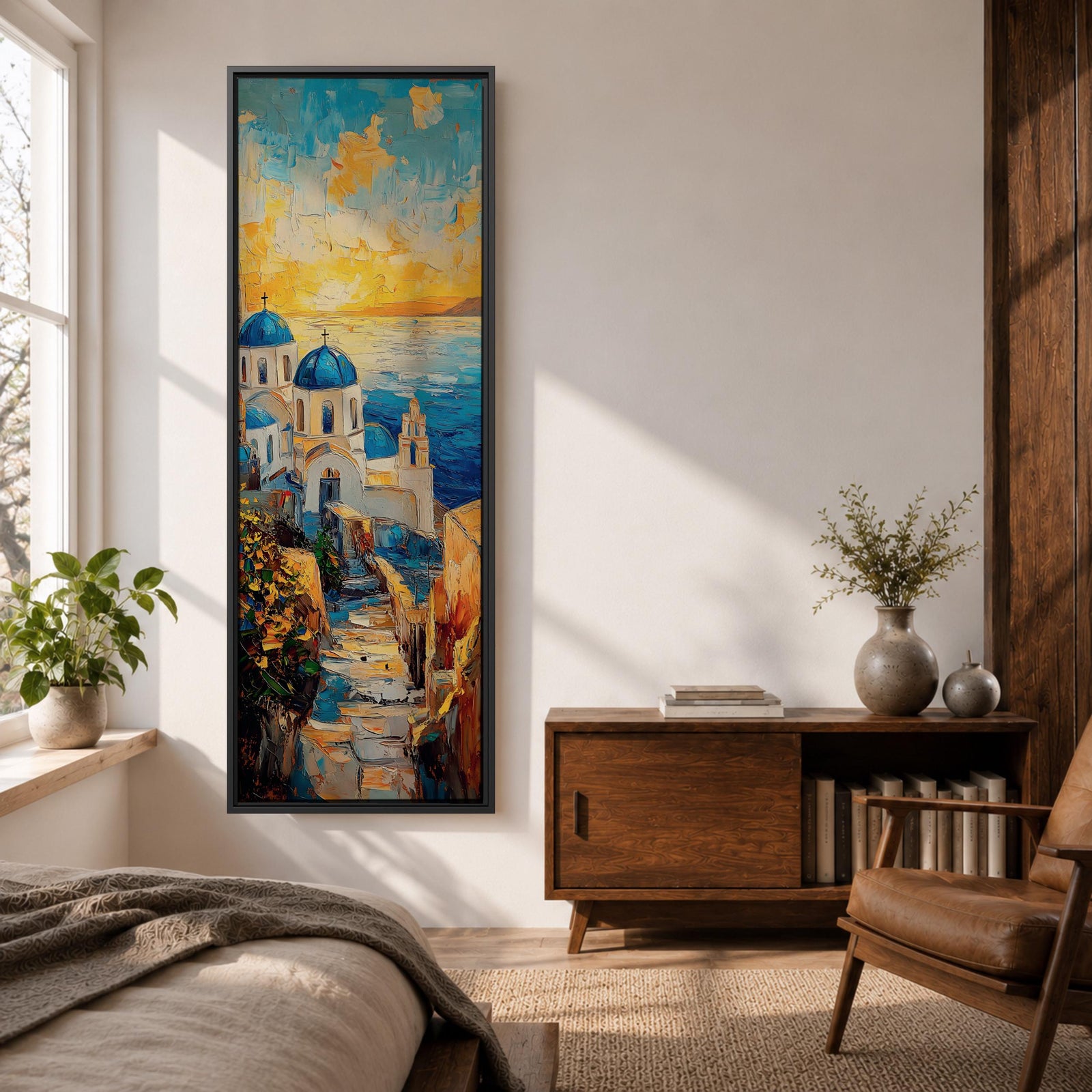 Vertical impressionist painting of Santorini at sunset featuring white Cycladic church buildings with blue domes overlooking the Aegean Sea. A narrow stone pathway leads toward the chapel while warm golden light fills the sky with textured brushstrokes of orange, yellow, and blue reflecting across the water and coastal hillside architecture.