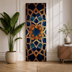 Tall vertical artwork featuring intricate Islamic geometric patterns with an eight pointed star motif at the center. Interlocking arabesque shapes form symmetrical Moorish style ornamentation in deep blue and gold tones with watercolor textures and layered geometric lines inspired by traditional Islamic tile and zellige designs.