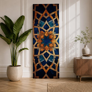 Tall vertical artwork featuring intricate Islamic geometric patterns with an eight pointed star motif at the center. Interlocking arabesque shapes form symmetrical Moorish style ornamentation in deep blue and gold tones with watercolor textures and layered geometric lines inspired by traditional Islamic tile and zellige designs.