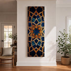 Tall vertical artwork featuring intricate Islamic geometric patterns with an eight pointed star motif at the center. Interlocking arabesque shapes form symmetrical Moorish style ornamentation in deep blue and gold tones with watercolor textures and layered geometric lines inspired by traditional Islamic tile and zellige designs.