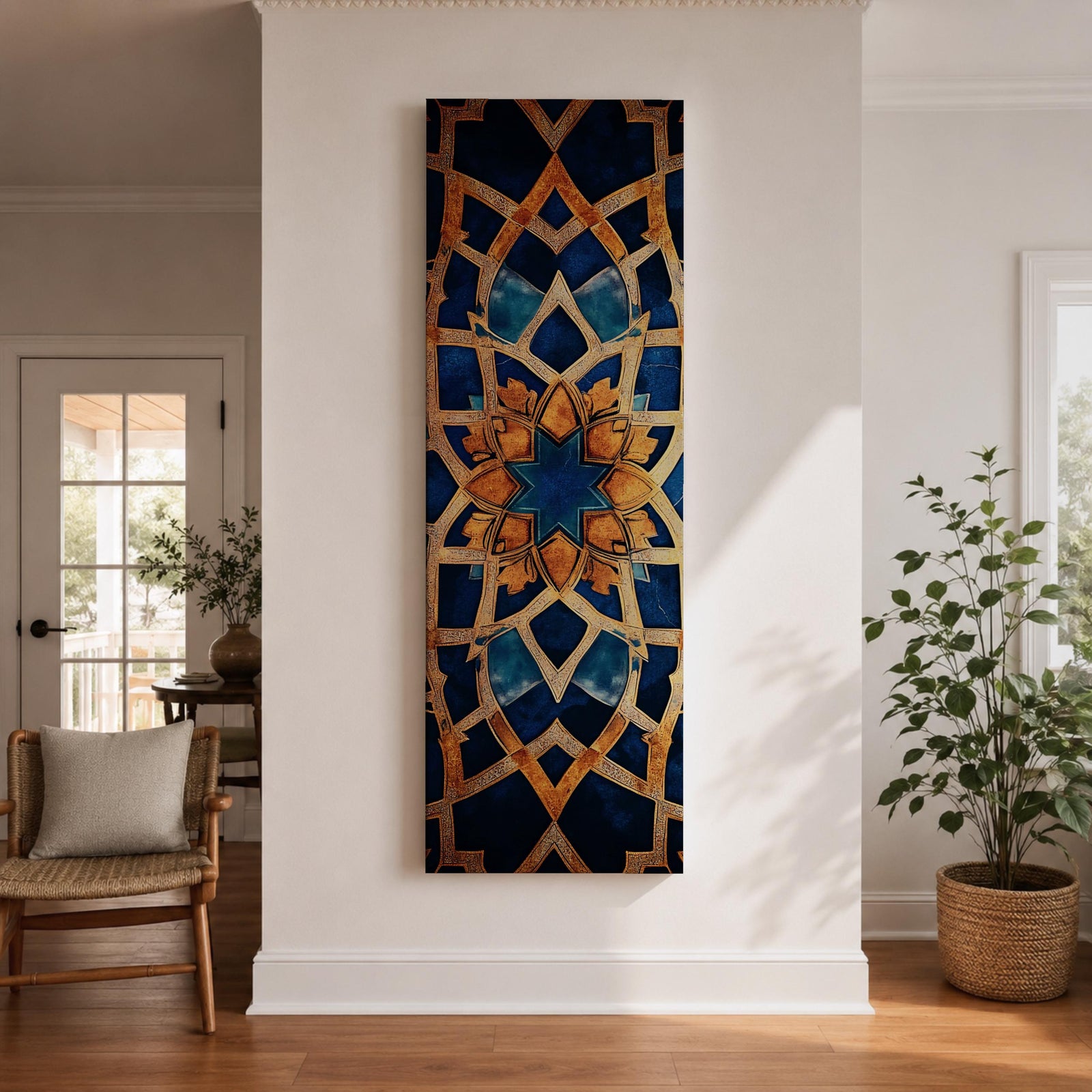 Tall vertical artwork featuring intricate Islamic geometric patterns with an eight pointed star motif at the center. Interlocking arabesque shapes form symmetrical Moorish style ornamentation in deep blue and gold tones with watercolor textures and layered geometric lines inspired by traditional Islamic tile and zellige designs.