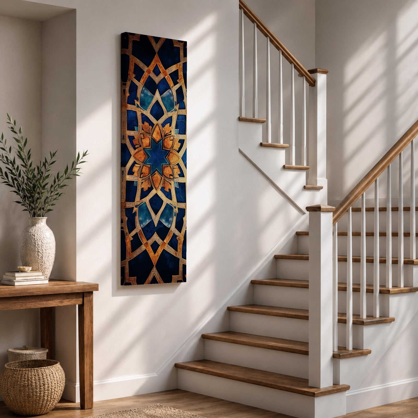 Tall vertical artwork featuring intricate Islamic geometric patterns with an eight pointed star motif at the center. Interlocking arabesque shapes form symmetrical Moorish style ornamentation in deep blue and gold tones with watercolor textures and layered geometric lines inspired by traditional Islamic tile and zellige designs.