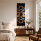 Tall vertical artwork featuring intricate Islamic geometric patterns with an eight pointed star motif at the center. Interlocking arabesque shapes form symmetrical Moorish style ornamentation in deep blue and gold tones with watercolor textures and layered geometric lines inspired by traditional Islamic tile and zellige designs.