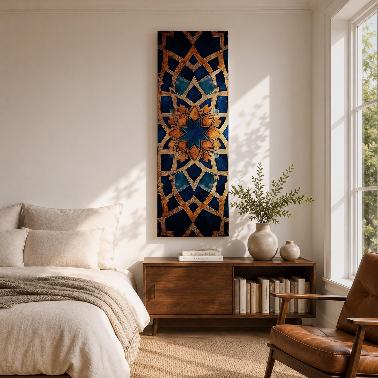 Tall vertical artwork featuring intricate Islamic geometric patterns with an eight pointed star motif at the center. Interlocking arabesque shapes form symmetrical Moorish style ornamentation in deep blue and gold tones with watercolor textures and layered geometric lines inspired by traditional Islamic tile and zellige designs.