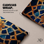 Tall vertical artwork featuring intricate Islamic geometric patterns with an eight pointed star motif at the center. Interlocking arabesque shapes form symmetrical Moorish style ornamentation in deep blue and gold tones with watercolor textures and layered geometric lines inspired by traditional Islamic tile and zellige designs.