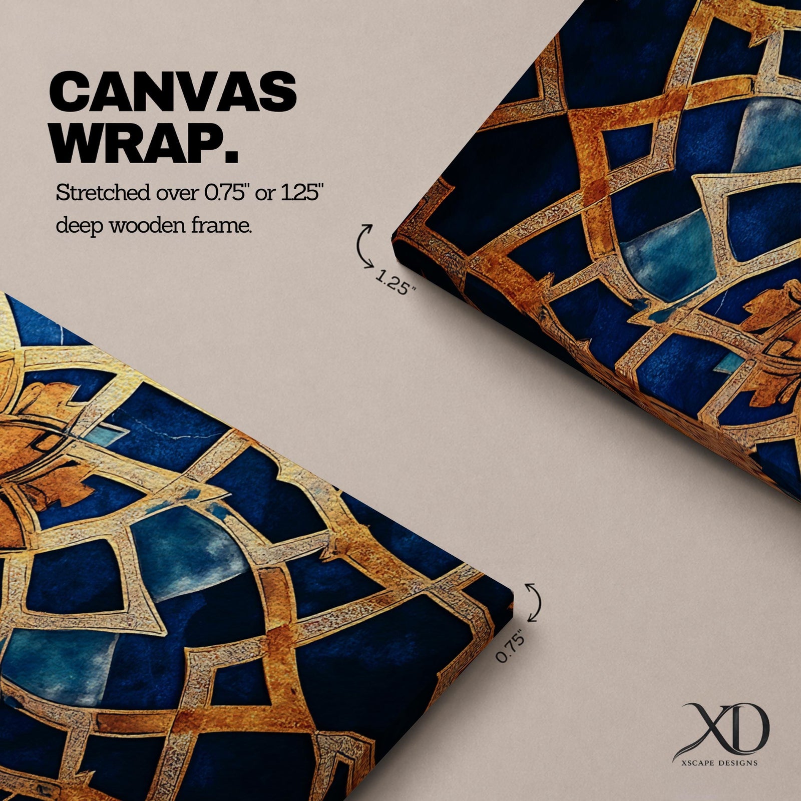 Tall vertical artwork featuring intricate Islamic geometric patterns with an eight pointed star motif at the center. Interlocking arabesque shapes form symmetrical Moorish style ornamentation in deep blue and gold tones with watercolor textures and layered geometric lines inspired by traditional Islamic tile and zellige designs.