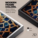 Tall vertical artwork featuring intricate Islamic geometric patterns with an eight pointed star motif at the center. Interlocking arabesque shapes form symmetrical Moorish style ornamentation in deep blue and gold tones with watercolor textures and layered geometric lines inspired by traditional Islamic tile and zellige designs.