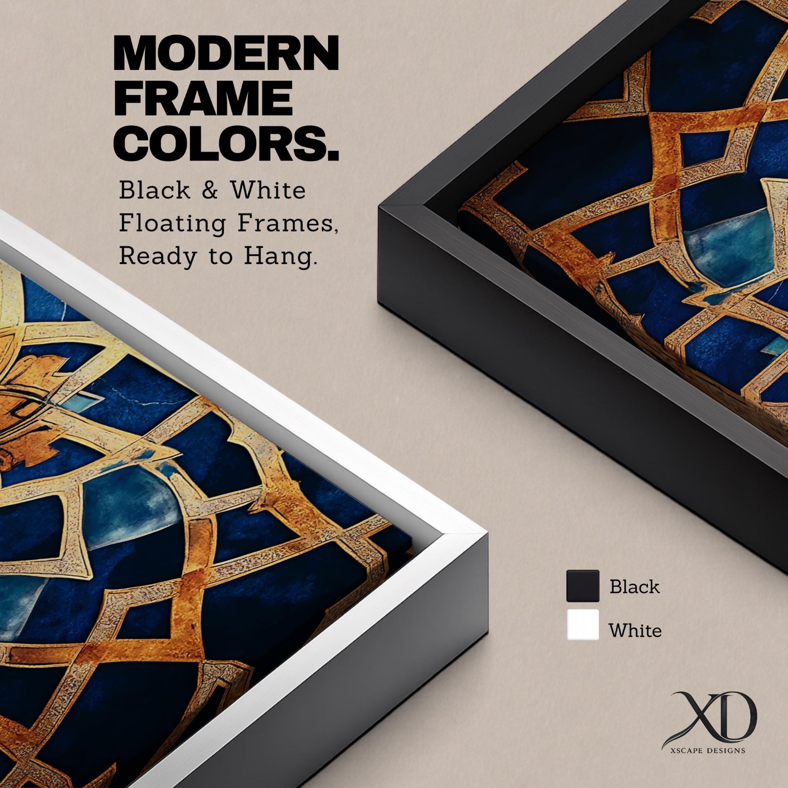 Tall vertical artwork featuring intricate Islamic geometric patterns with an eight pointed star motif at the center. Interlocking arabesque shapes form symmetrical Moorish style ornamentation in deep blue and gold tones with watercolor textures and layered geometric lines inspired by traditional Islamic tile and zellige designs.