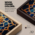 Tall vertical artwork featuring intricate Islamic geometric patterns with an eight pointed star motif at the center. Interlocking arabesque shapes form symmetrical Moorish style ornamentation in deep blue and gold tones with watercolor textures and layered geometric lines inspired by traditional Islamic tile and zellige designs.