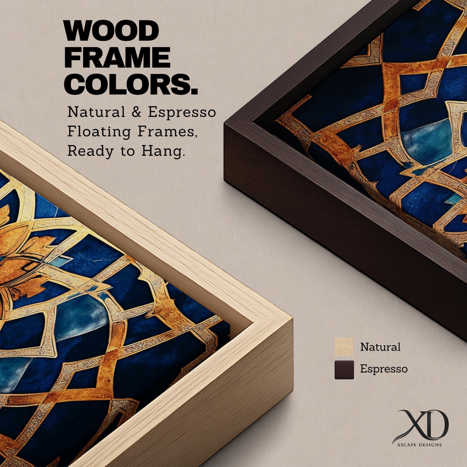 Tall vertical artwork featuring intricate Islamic geometric patterns with an eight pointed star motif at the center. Interlocking arabesque shapes form symmetrical Moorish style ornamentation in deep blue and gold tones with watercolor textures and layered geometric lines inspired by traditional Islamic tile and zellige designs.