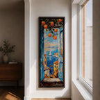 Tall vertical Mediterranean coastal painting showing a view through open blue wooden shutters toward the Amalfi Coast sea. Orange branches hang above a sunlit window frame overlooking colorful seaside houses, small boats, and a sailboat on deep blue water with distant coastal hills rendered in textured oil brushstrokes.