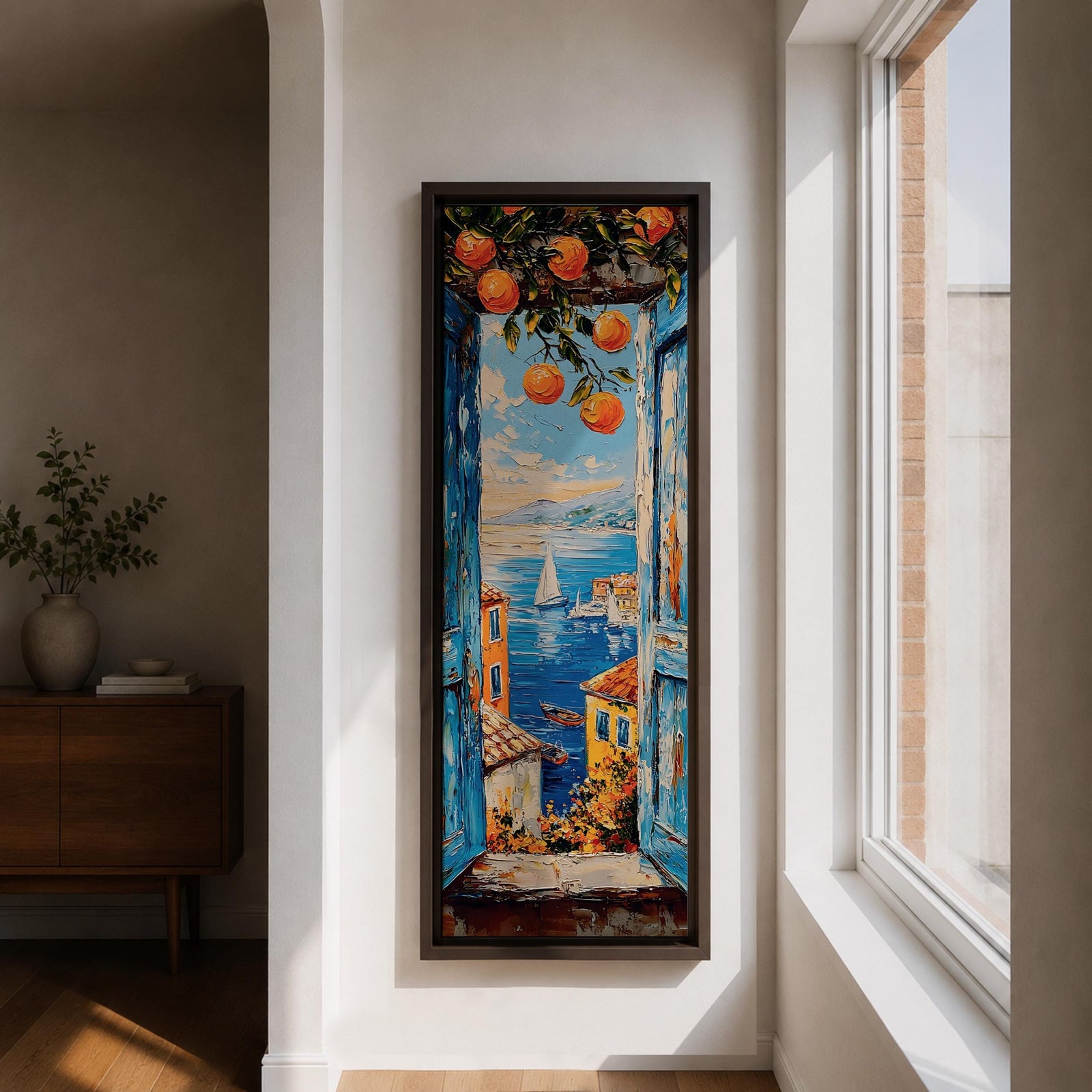 Tall vertical Mediterranean coastal painting showing a view through open blue wooden shutters toward the Amalfi Coast sea. Orange branches hang above a sunlit window frame overlooking colorful seaside houses, small boats, and a sailboat on deep blue water with distant coastal hills rendered in textured oil brushstrokes.