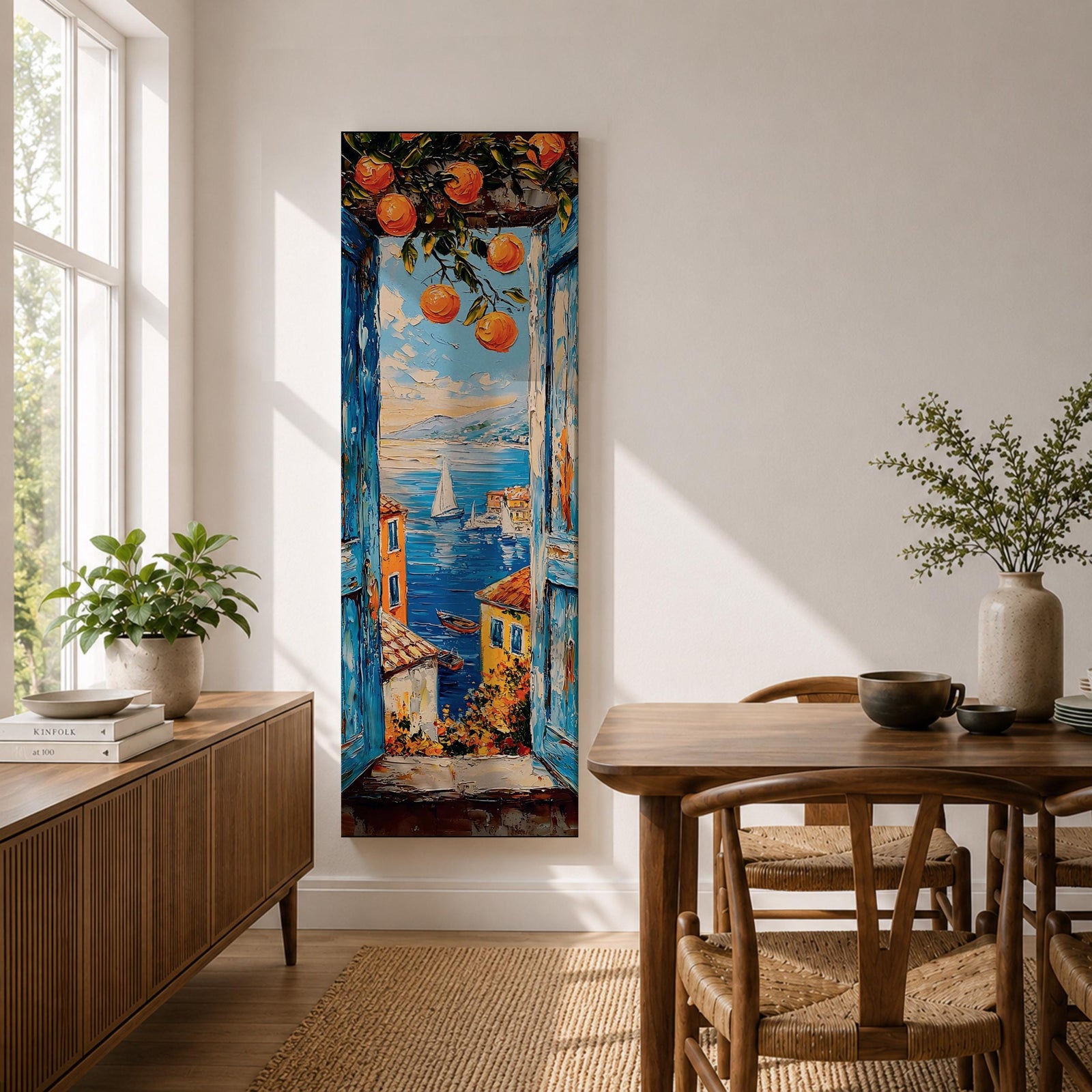 Tall vertical Mediterranean coastal painting showing a view through open blue wooden shutters toward the Amalfi Coast sea. Orange branches hang above a sunlit window frame overlooking colorful seaside houses, small boats, and a sailboat on deep blue water with distant coastal hills rendered in textured oil brushstrokes.