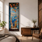 Tall vertical Mediterranean coastal painting showing a view through open blue wooden shutters toward the Amalfi Coast sea. Orange branches hang above a sunlit window frame overlooking colorful seaside houses, small boats, and a sailboat on deep blue water with distant coastal hills rendered in textured oil brushstrokes.