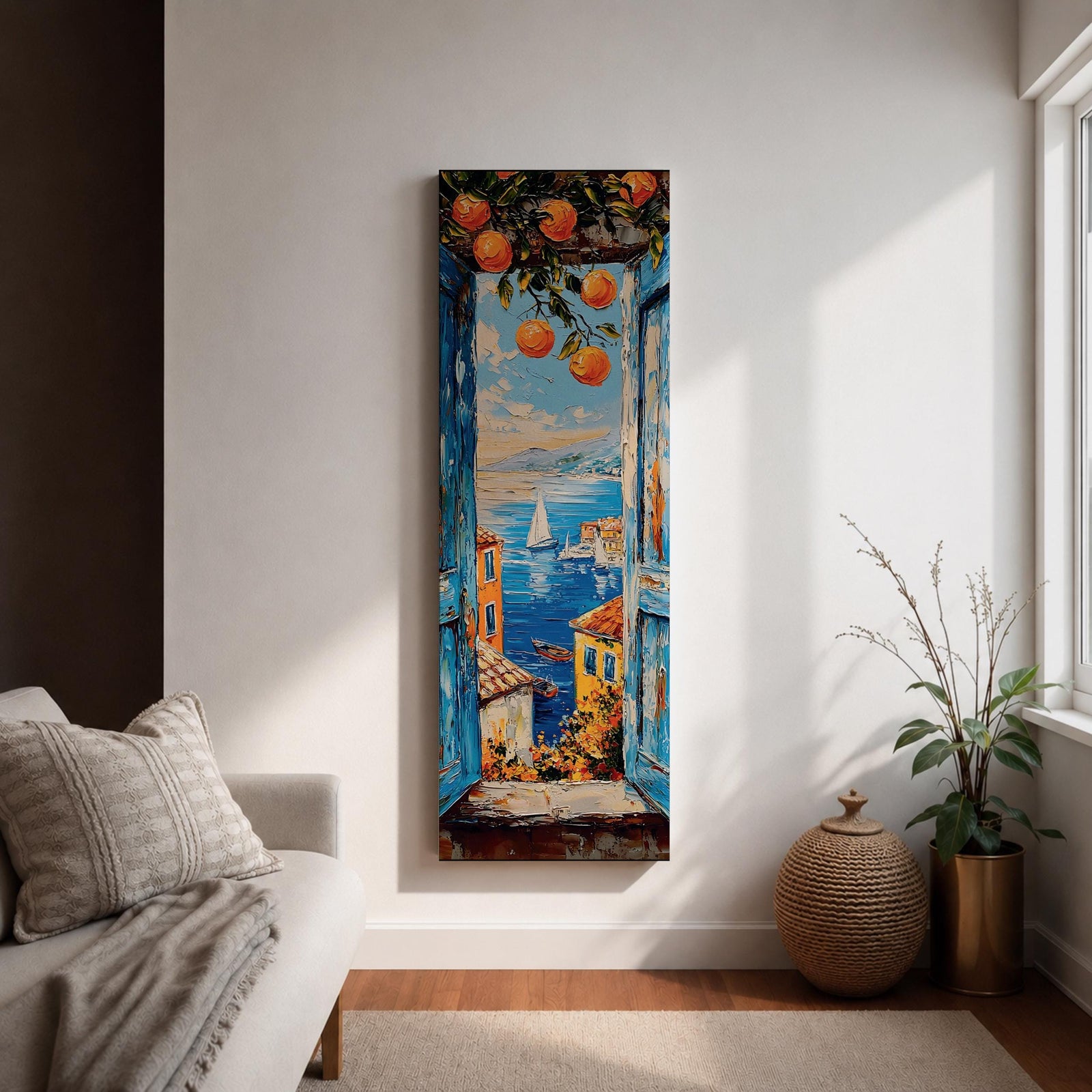 Tall vertical Mediterranean coastal painting showing a view through open blue wooden shutters toward the Amalfi Coast sea. Orange branches hang above a sunlit window frame overlooking colorful seaside houses, small boats, and a sailboat on deep blue water with distant coastal hills rendered in textured oil brushstrokes.
