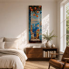 Tall vertical Mediterranean coastal painting showing a view through open blue wooden shutters toward the Amalfi Coast sea. Orange branches hang above a sunlit window frame overlooking colorful seaside houses, small boats, and a sailboat on deep blue water with distant coastal hills rendered in textured oil brushstrokes.