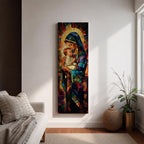 Tall vertical stained glass style artwork depicting the Virgin Mary holding baby Jesus in her arms. Mary wears a flowing blue robe and veil while the child rests peacefully against her chest. Radiating golden light forms a halo behind them with mosaic stained glass panels in deep red, blue, and amber tones.