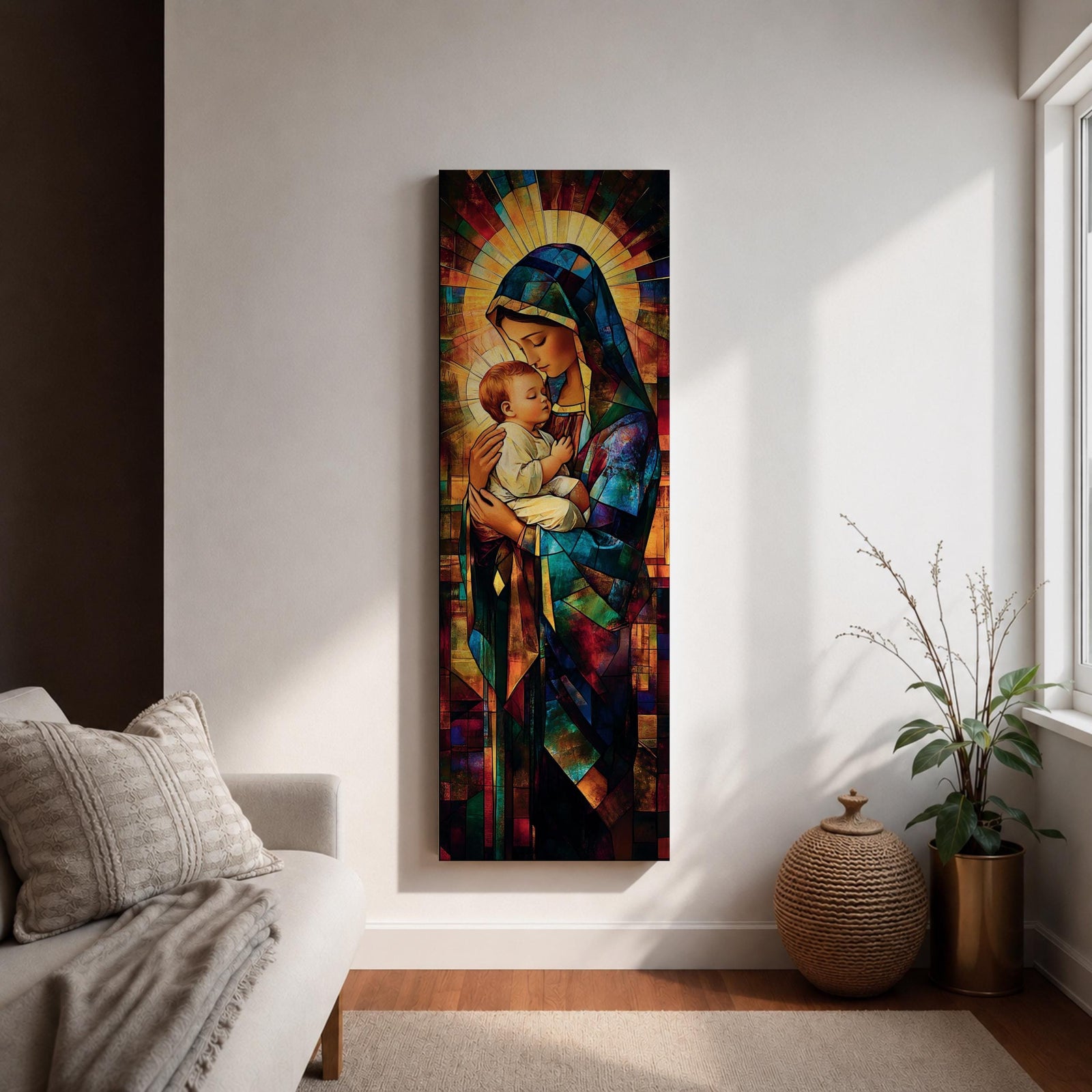 Tall vertical stained glass style artwork depicting the Virgin Mary holding baby Jesus in her arms. Mary wears a flowing blue robe and veil while the child rests peacefully against her chest. Radiating golden light forms a halo behind them with mosaic stained glass panels in deep red, blue, and amber tones.
