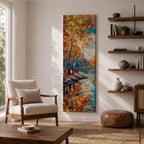 Tall vertical landscape painting of slender birch trees with golden autumn leaves along a calm reflective river. Thick palette knife oil brushstrokes create vibrant fall colors of orange, yellow, and blue with the trees mirrored in the water while distant forest and sky appear softly textured in the background.