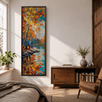 Tall vertical landscape painting of slender birch trees with golden autumn leaves along a calm reflective river. Thick palette knife oil brushstrokes create vibrant fall colors of orange, yellow, and blue with the trees mirrored in the water while distant forest and sky appear softly textured in the background.