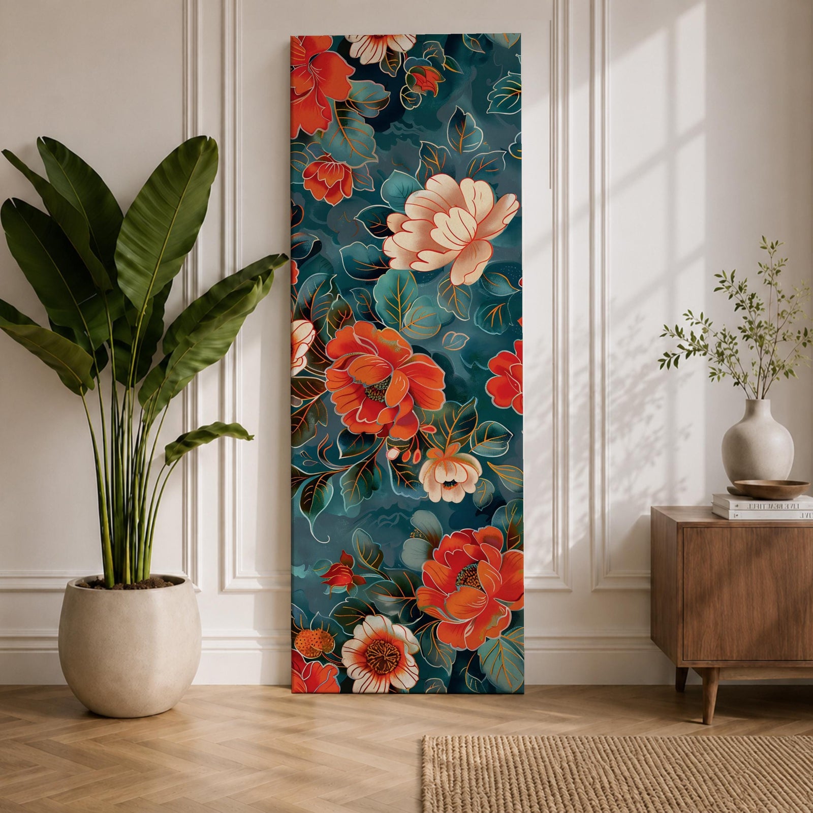 Tall vertical floral artwork featuring large peony blossoms in coral red and soft ivory tones layered across a deep teal background. Delicate botanical leaves and stems weave through the composition with fine line details and painterly shading, creating a decorative chinoiserie inspired floral pattern.