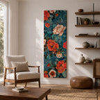 Tall vertical floral artwork featuring large peony blossoms in coral red and soft ivory tones layered across a deep teal background. Delicate botanical leaves and stems weave through the composition with fine line details and painterly shading, creating a decorative chinoiserie inspired floral pattern.