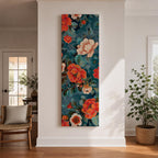 Tall vertical floral artwork featuring large peony blossoms in coral red and soft ivory tones layered across a deep teal background. Delicate botanical leaves and stems weave through the composition with fine line details and painterly shading, creating a decorative chinoiserie inspired floral pattern.