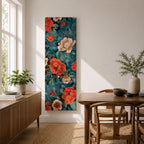Tall vertical floral artwork featuring large peony blossoms in coral red and soft ivory tones layered across a deep teal background. Delicate botanical leaves and stems weave through the composition with fine line details and painterly shading, creating a decorative chinoiserie inspired floral pattern.