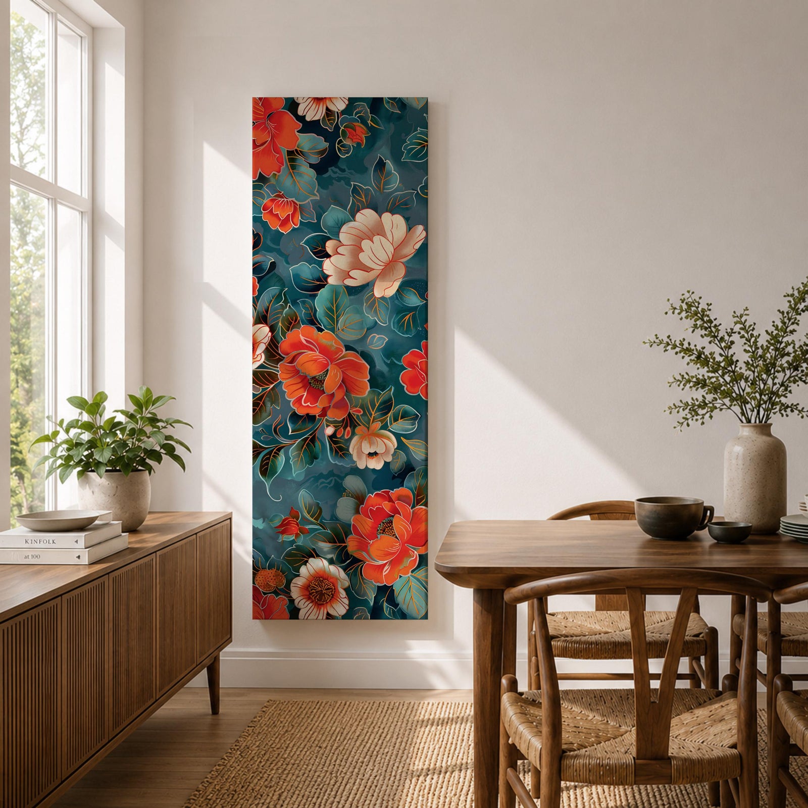 Tall vertical floral artwork featuring large peony blossoms in coral red and soft ivory tones layered across a deep teal background. Delicate botanical leaves and stems weave through the composition with fine line details and painterly shading, creating a decorative chinoiserie inspired floral pattern.