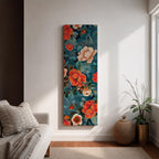 Tall vertical floral artwork featuring large peony blossoms in coral red and soft ivory tones layered across a deep teal background. Delicate botanical leaves and stems weave through the composition with fine line details and painterly shading, creating a decorative chinoiserie inspired floral pattern.