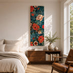 Tall vertical floral artwork featuring large peony blossoms in coral red and soft ivory tones layered across a deep teal background. Delicate botanical leaves and stems weave through the composition with fine line details and painterly shading, creating a decorative chinoiserie inspired floral pattern.